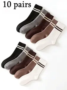 5/10 Pack Unisex Solid Color Striped Mid-Calf Sports Athletic Workout Socks, Stylish Comfortable Breathable Absorbent for Daily and Sports Use
