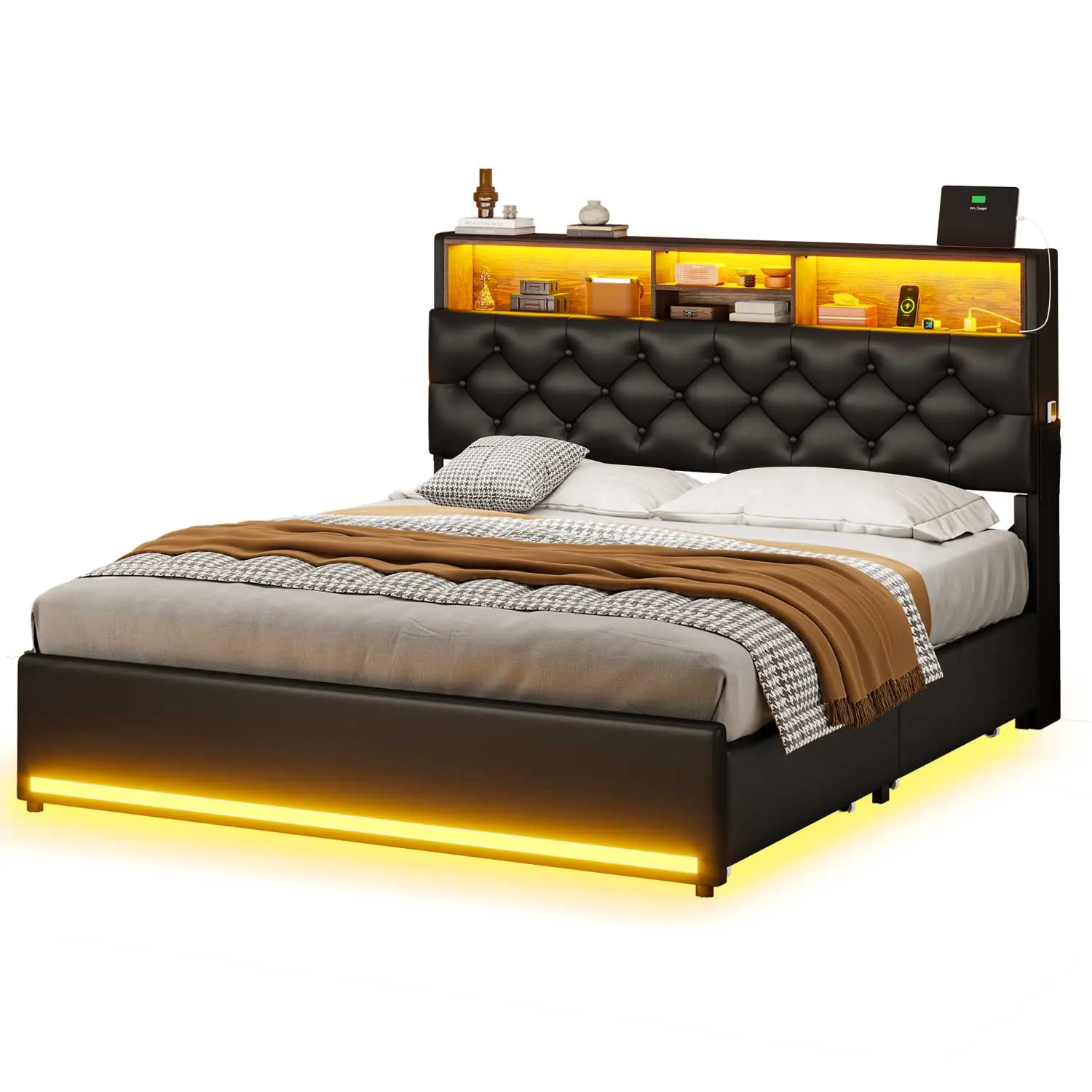 SIKAIC Queen Upholstered Bed Frame - PU Leather, LED-Accented, Metal, Spacious, Black, Upholstered Bed Frames, Metal Bed Frames
