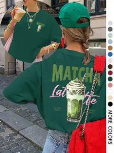 Women's Casual Round Neck Short Sleeve T-Shirt, Matcha Pattern Print, Soft Breathable Fabric, Perfect for Beach and Summer Wear