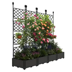 4 PCS Raised Garden Bed with Trellis,Plastic Planter Box for Climbing Plants,Outdoor Vertical Garden with Privacy Screen for Patio,Balcony, Backyard