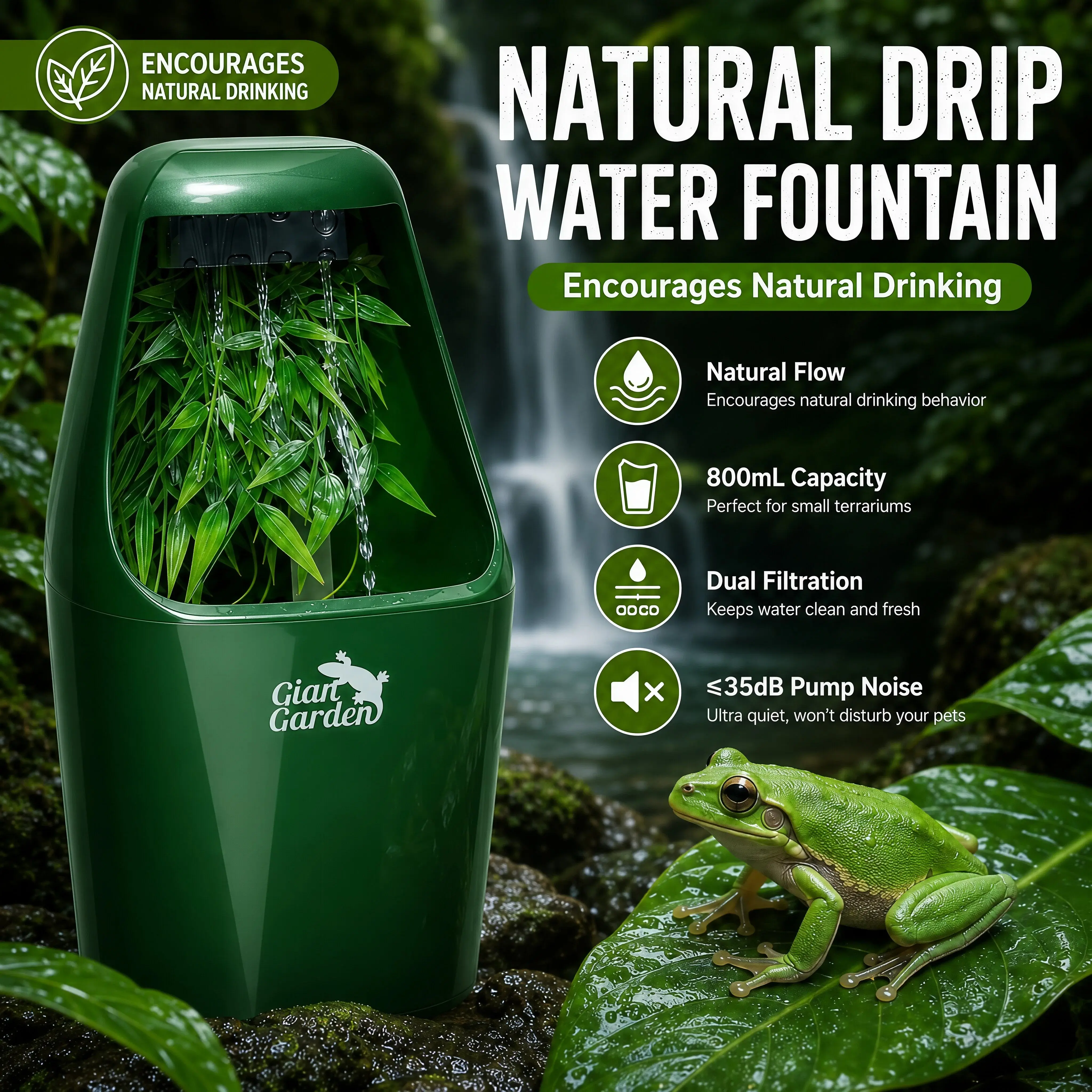 Herpify Reptile Automatic Water Feeder - 800ML (27oz) Filtration System Dripper Fountain with Drinking Water Bowl, Flow Mimics Wild, for Crested Gecko, Bearded Dragon, Travel & Busy Owners, Plant Compatible, Natural