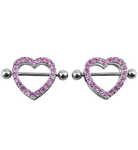 Heart Pink CZ Nipple Ring Barbell Shield