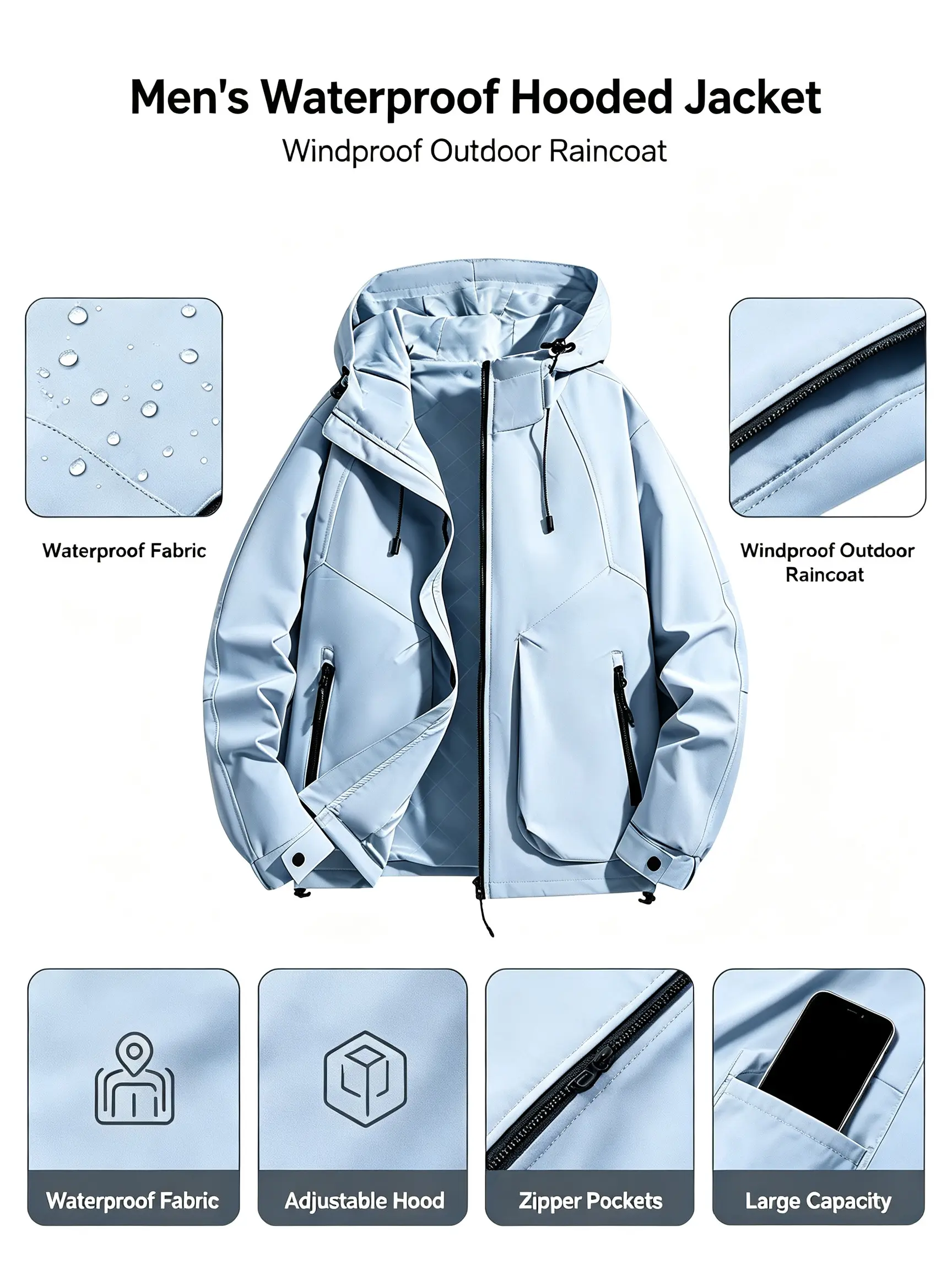 Unisex lightweight windproof raincoat with adjustable hood, drawstring, side zippered pockets, loose fit—casual hooded jacket for outdoor hiking and travel; available in multiple colors.