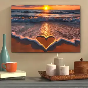 1pc Modern Beach Sunset Wall Art -(Framed Frameless Poster Optional), Ocean Waves & Sandy Scenery in Warm Hues - Ready-to-Hang Coastal Decor for Living Room, Bedroom, Perfect Holiday Housewarming Gift Suitable for Home, Office, Hallway