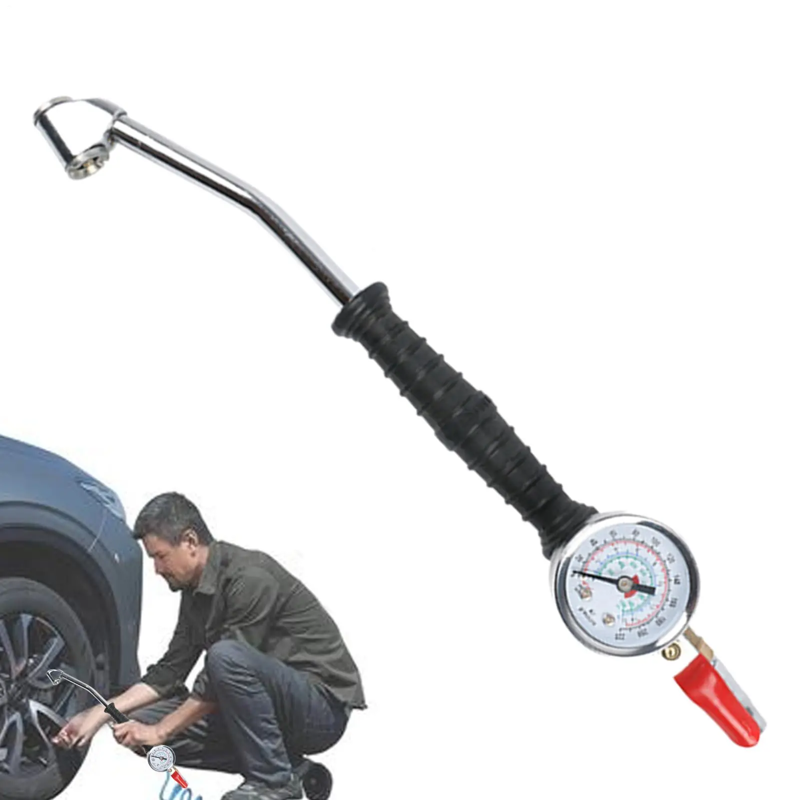 Cranked Inflator Pole - High-Pressure Tire Filler with Manual Pump System, LED Indicator, Rugged Construction, Multipurpose Air Gauge Tool for Portable Use on Pickups, Motorbikes