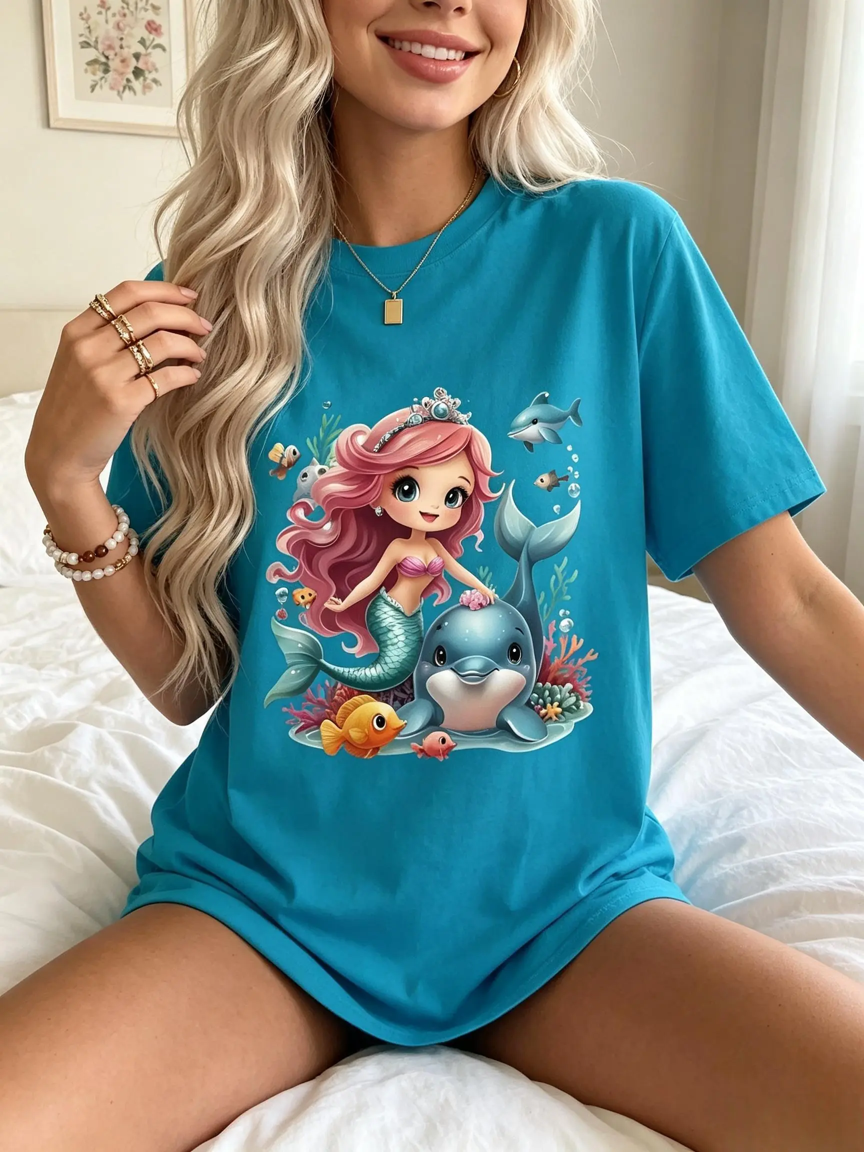 Women's Soft Lightweight Cotton Crew Neck Shortsleeve Cropped Fitted Mermaid Graphic T-Shirt - Heat Transfer, Backless Style, Machine Washable, TikTok Viral, Kawaii Fairycore Top, Perfect for Summer Casual Outfits, Basic