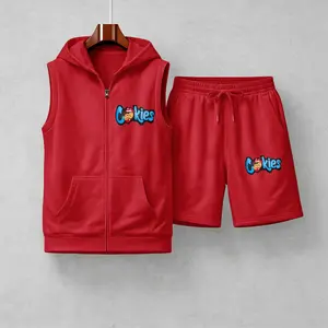 Men's Cookie Print Sleeveless Hoodie And Shorts Set, Two-Piece Sportswear, Summer Casual Fitness Street Style, Zip-Up Hooded Vest And Drawstring Shorts, Breathable, Lightweight And Comfortable Loungewear Set.