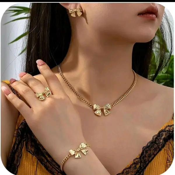 Gold Bow Jewelry Set for Women Ribbon Bow Necklace Earrings Ring Bracelet Set Cute Bowknot Stud Earrings Dainty Bow Charm Necklace Adjustable Bow Bracelet Ring Set