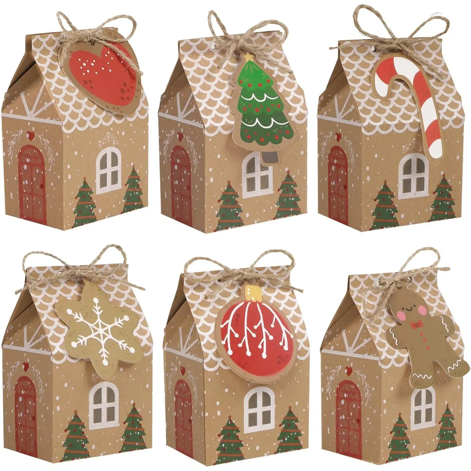 24pcs Christmas Treat Goodie Boxes for Candy Chocolate Gingerbread House Shaped Small Xmas Gift Boxes with Tags & Twine for Holiday Party Favors