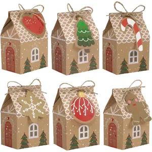 24pcs Christmas Treat Goodie Boxes for Candy Chocolate Gingerbread House Shaped Small Xmas Gift Boxes with Tags & Twine for Holiday Party Favors