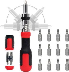 Ratcheting Screwdriver 13-in-1 Multibit Screwdriver All in One Screwdriver Set with Phillips, Flat Head, Torx Security, Hex, Robertson, 180 Degree Pivoting Adjustable Angled Screw Driver Set Tool Box