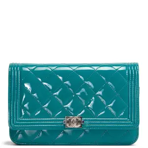 Pre-owned CHANEL Patent Lambskin Leather Clutches & Wristlets Patent Boy Wallet On Chain Turquoise