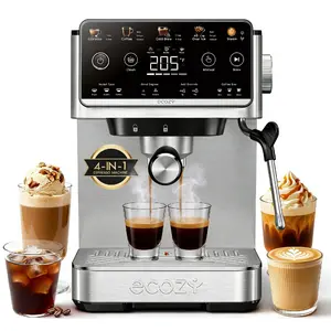 ecozy Touchscreen 4-in-1 Espresso Machine, Drip Coffee, Cold Brew and Over lce Machine, Intergrated Milk Frother, Stainless Steel, Brezzano Elite Series for Cappuccinos, Lattes, Americanos