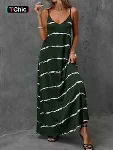 New Women's Summer Spring Spaghetti Strap Tie-Dye Striped Elastic Knit Casual Everyday Long Dress, Fashionable Vacation Wear, Comfortable and Stylish