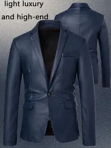 Men's Suit Collar PU Leather Jacket, Slim Fit Business Casual Motorcycle Style, Stylish Western Coat for Men Geometric Long Sleeve Menswear