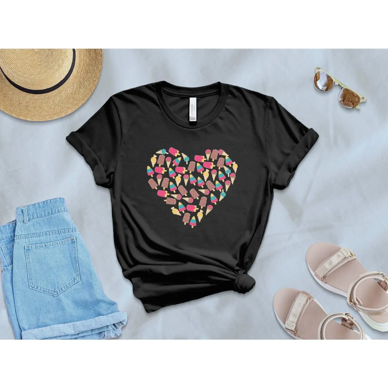 Men's Ice Cream Heart Summer Graphic T-Shirt - Short Sleeve Crew Neck Regular Fit Casual Wear |   Soft & Breathable Fabric, Durable Print, Everyday Comfort, Machine Washable, Casual Flat Lay Beach Vacation