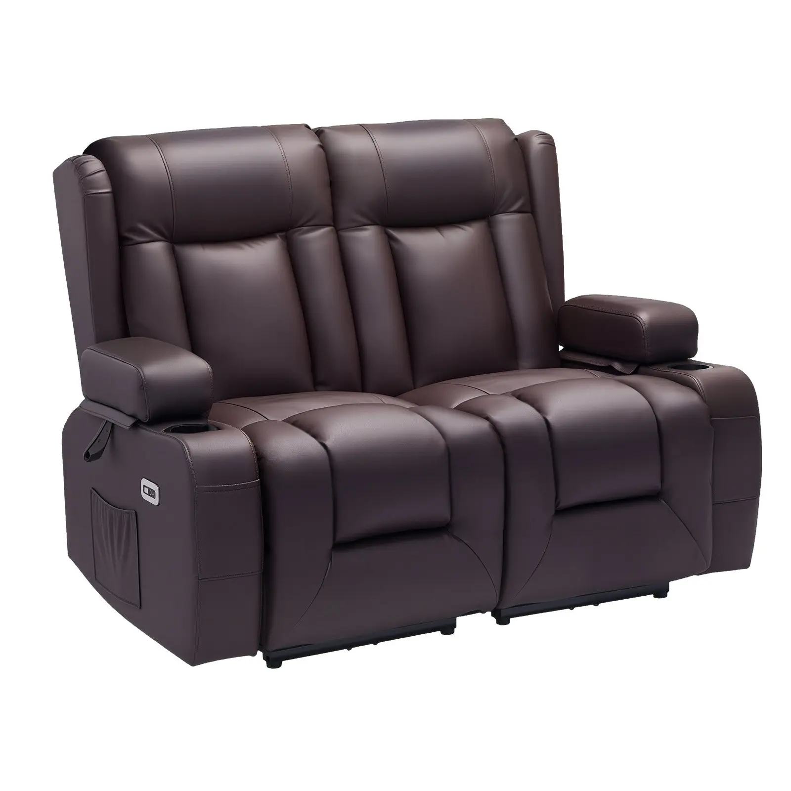 VEVOR Dual Loveseat Power Reclining Sofa - PU Leather Living Room Furniture with Heating Massage, Timer, USB Ports, Cup Holders, Side Bags