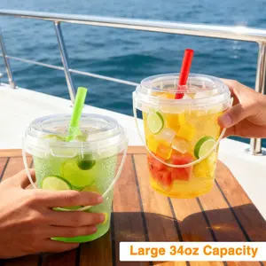10-Pack 34 oz Plastic Cups with Lids and Straws, Disposable Coffee Cups with Lids, Durable and Food-Safe To-Go Cups for Cold and Hot Drinks/Smoothies, Fruit Drink Cups for Summer Beverages, Bar/Beach Parties