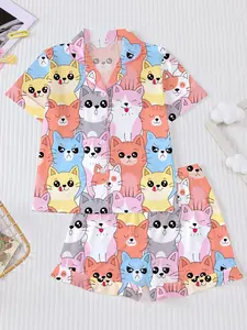 Adorable Cartoon Cat Theme Kids Short Sleeve Pajama Set, Fire Retardant Lapel Shirt & Loose Waist Shorts, All Seasons Home Wear, Cartoon Print Pajama