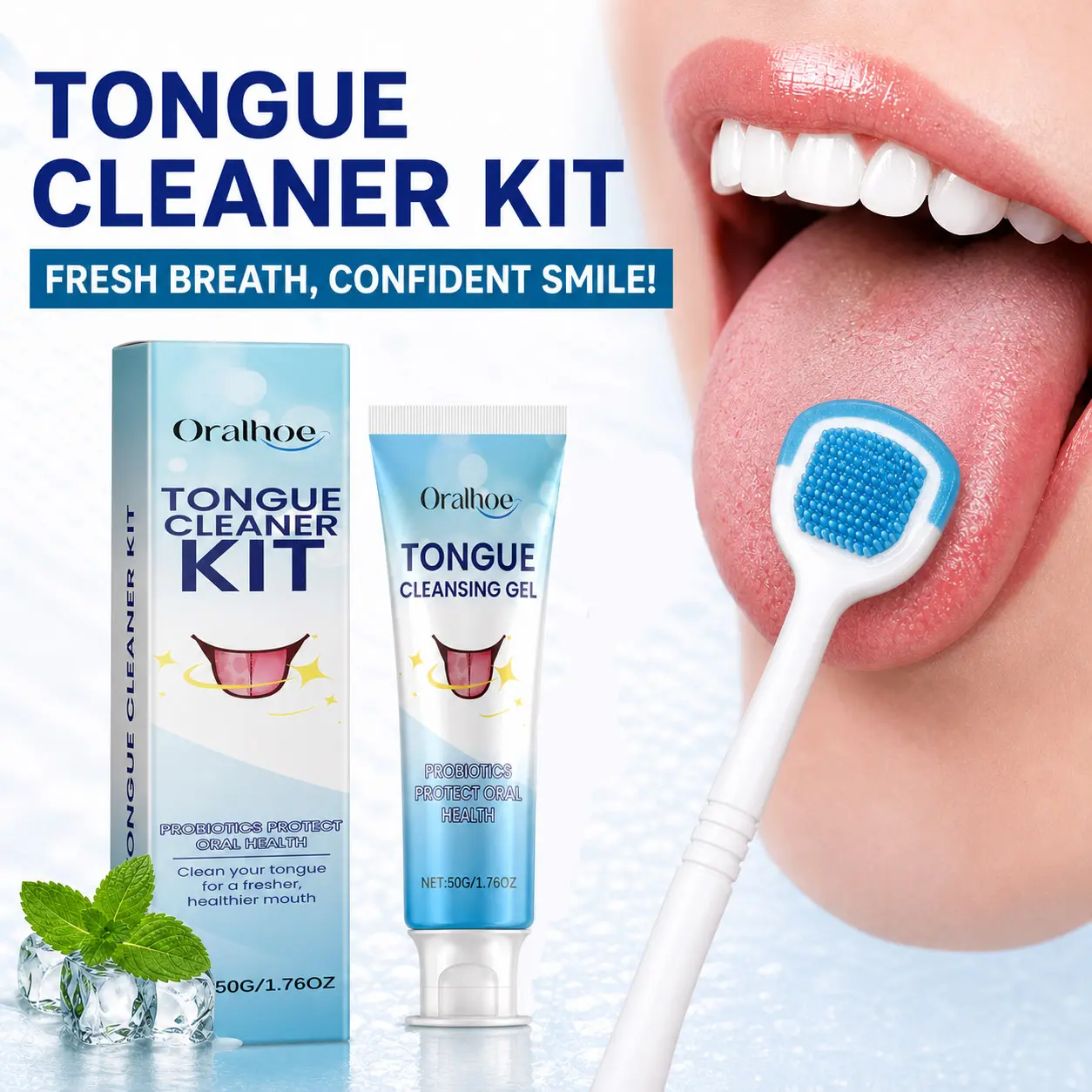 Oralhoe Probiotics Tongue Scraper Kit with Mint Cleansing Gel, Fight Bad Breath Silicone Brush Set, 50g Gentle Tongue Coating Cleaner for Daily Oral Care