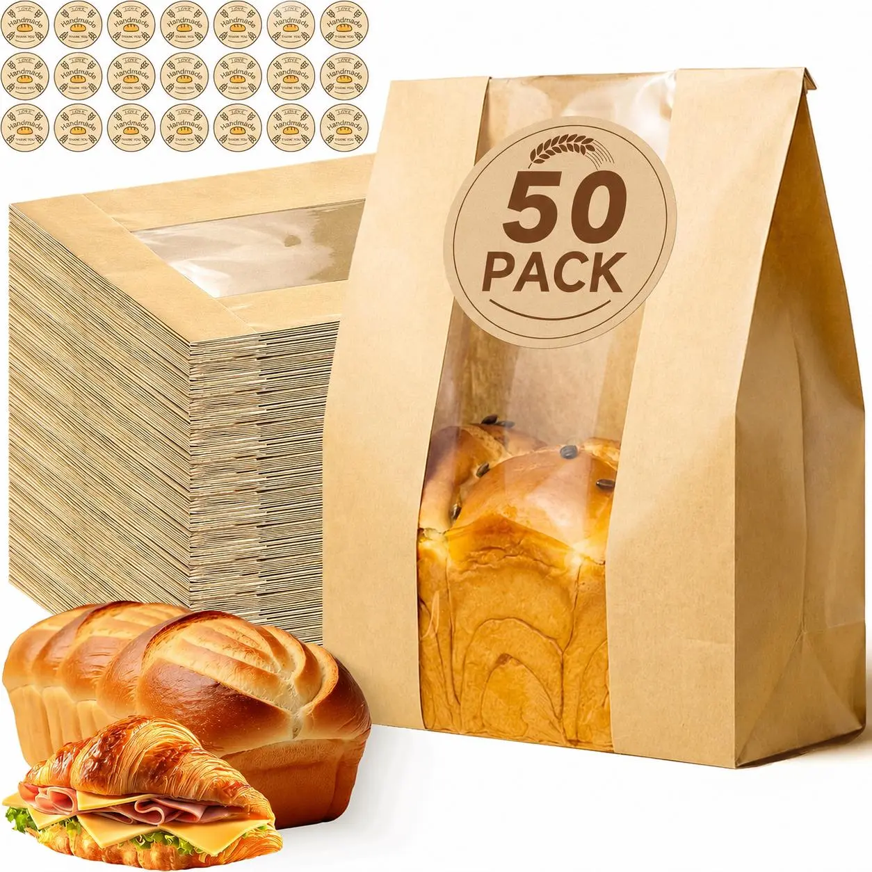 50Counts Bread Bags with Window - Extra Thick 13.7x8.2x3.7in Bakery Bags for Sourdough, Cookies & Snacks + 50 Sealing Stickers Resealable Packaging