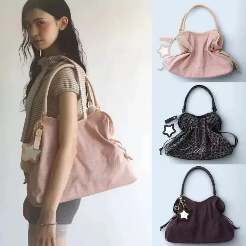 Korean BadBlue Embroidered Leopard Print Tote Bag Large Capacity Shoulder Bag with Star Mirror Pendant Y2K Trendy Women Handbag