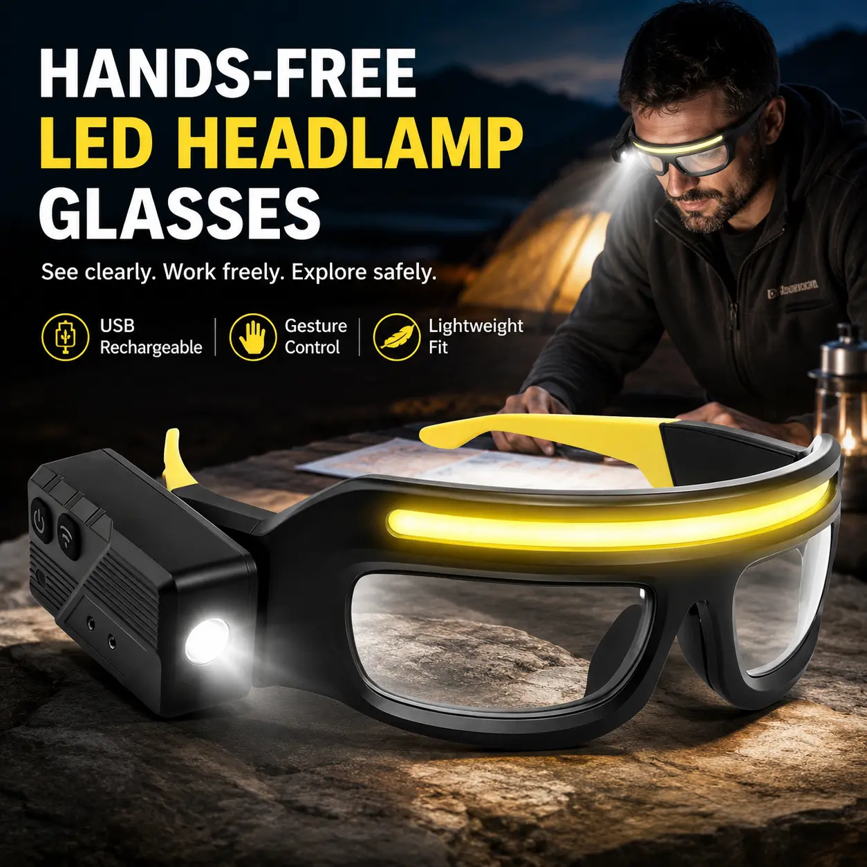 COB LED Headlamp Glasses, USB Rechargeable Hands-Free Headlight with Gesture Control, Multi-Level Brightness for Camping, Hiking & Night Work