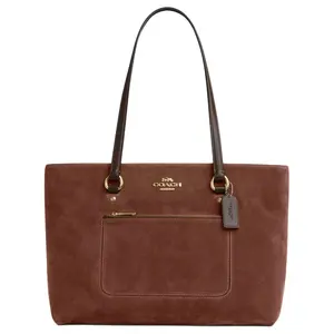 COACH Station 35 Logo Suede and Smooth Leather Tote Bag for Women in Vintage Brown