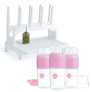 PopYum 9 oz Pink Formula Making Baby Bottle 3-Pack with White Drying Rack Bundle