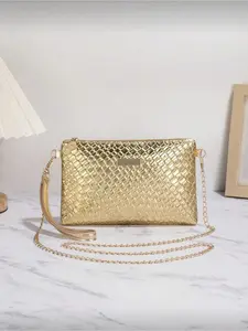 Gold Crocodile Embossed Minimalist Handbag Stylish Crossbody Purses with Metal Chain Strap and Coin Pouch for Women Girls Evening Party Shopping Daily Commute Travel Wedding
