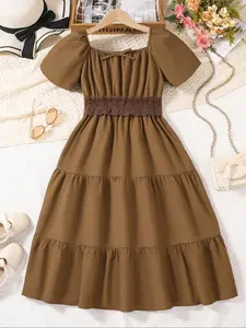 Girl's Solid Color   Dress, Casual Fashion Short Sleeve A Line for Daily Outdoor Wear, Boho Earthy Girl Clothes, Toddler Girls Dress for Summer, A Line Dresses