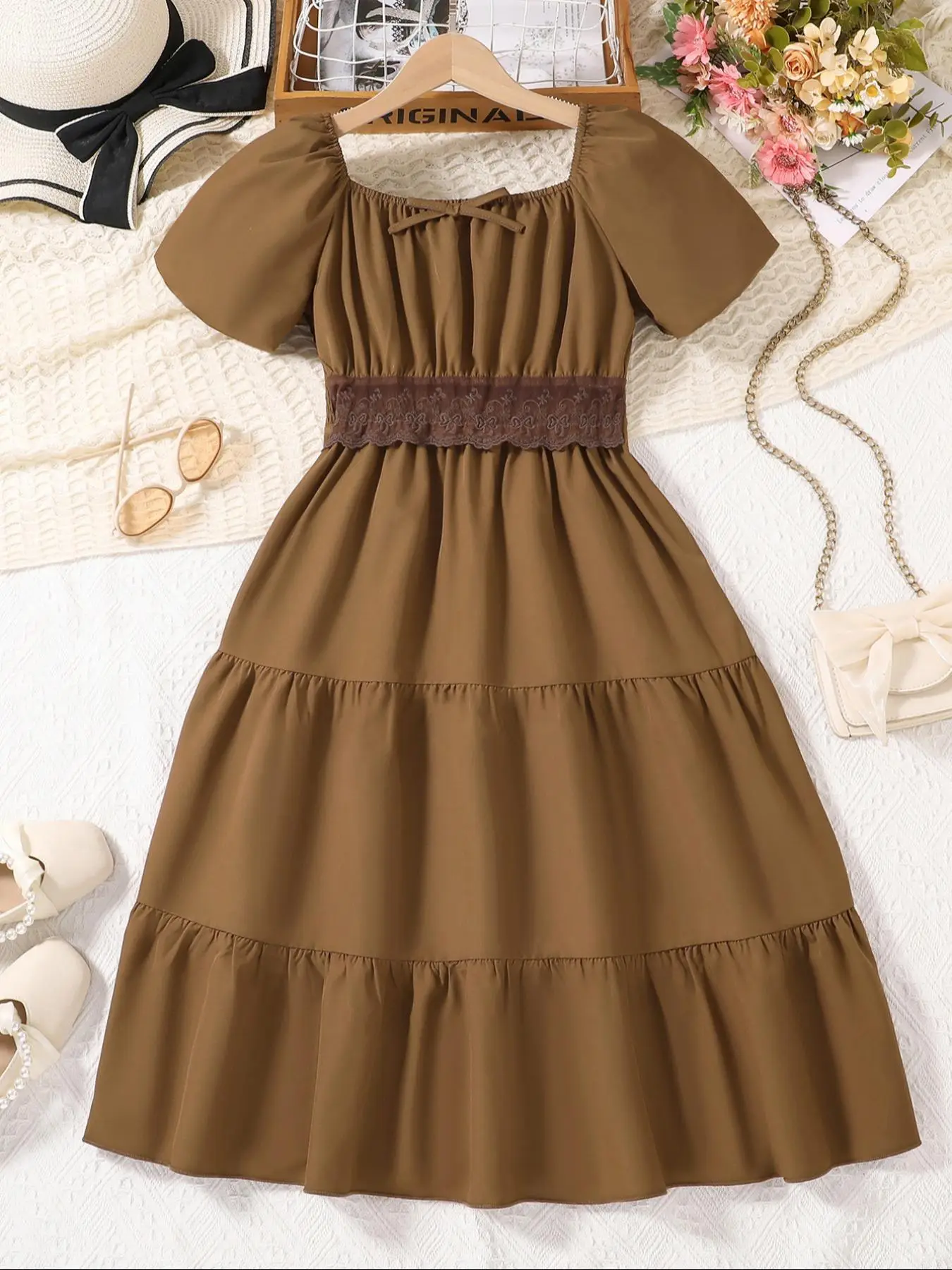 Girl's Solid Color Dress, Casual Fashion Short Sleeve A Line Dress for Daily Outdoor Wear, Toddler Girls Dress for Summer