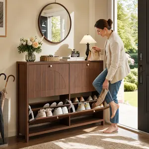 Modern Fluted Shoe Storage Cabinet for Entryway with 2 Flip Drawers, Narrow Wood Shoe Cabinet with Arch-carved Door & Adjustable Shelf, Freestanding Hidden Shoes Organizer Rack Cabinets, Walnut