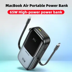 20000mAh 65W Laptop Power Bank, 4-in-1 Portable Charger with Built-in USB-C Cable, Fast Charging for MacBook, iPhone 17 Pro Max, Samsung S24