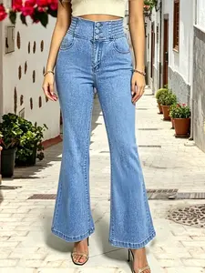 2026 High-Waisted Elastic Waist Three-Button Slightly Flared Washed Slim-Fit Stretch Flared Denim Long Pants