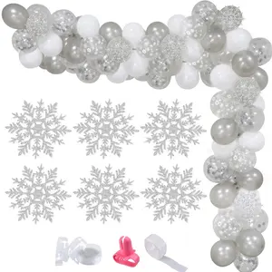 White & Silver Snowflake Balloon Arch Kit Winter Wonderland Confetti Balloons for Parties