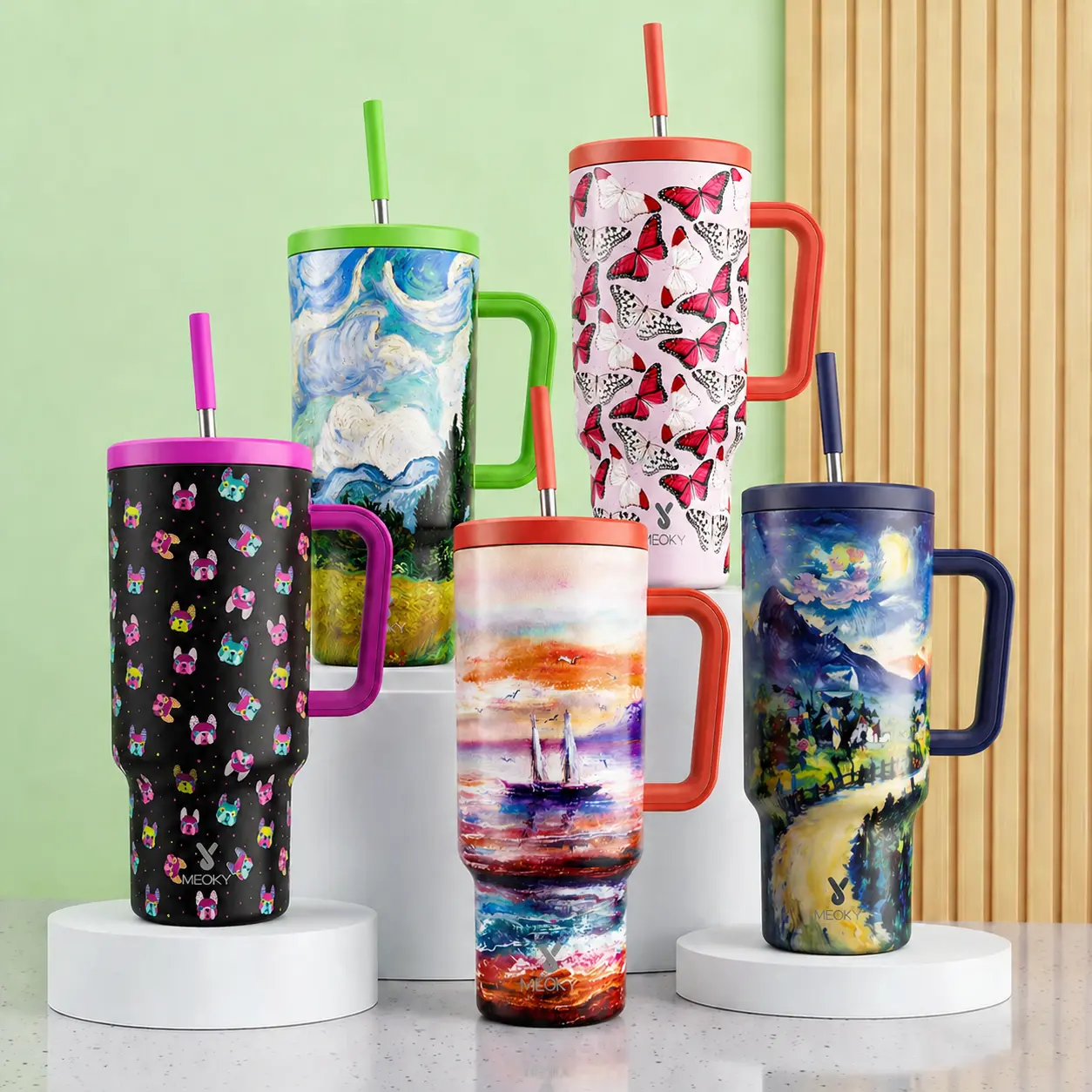 MEOKY 40oz (1000ml) Modern Stainless Steel Insulated Portable Flask Travel Tumbler with Handle, Leak-Proof Lid, Straw, Coffee Mug, Keeps Cold 34H/Hot 10H (500-1000ml Option, 13-24H Extended Performance)#TikTokShopSummerSale