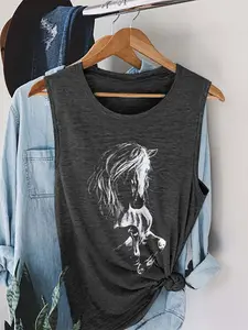 Women's Vintage Horse Print Round Neck Tank Top, Casual Sleeveless Printed Top for Summer, Ladies Clothes for Daily Wear, Socks