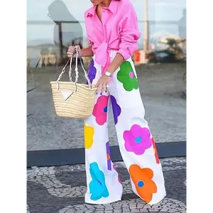 [Vibrant Floral Print Pants] Vibrant Plus Size Wide-Leg Pants - Non-Stretch Polyester, Semi-Sheer, Hand Washable Casual All-Season Fashion Womenswear Bottom White