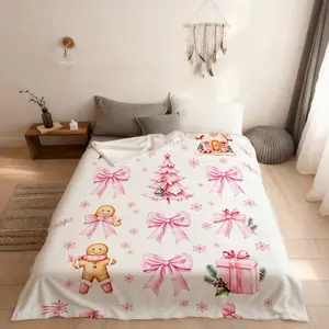 Merry Christmas Kids Twin Size Fitted Sheet,Bowknot Gingerbread Man Xmas Tree Boys Girls Bed Sheets,Poinsettia Snowflake Winter Room Decor,Pink White Bedding Set,1 Pillowcase(No Flat)