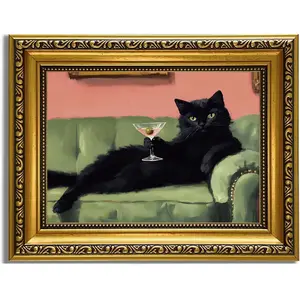 Funny Poster Art Print Black CatMartini Vintage Quirky Humor Bar Cart Wall Decor Cute Animal Painting Picture Print Artwork for Bedroom Living Room Bathroom home wall poster print canvas posters  room  decor  art