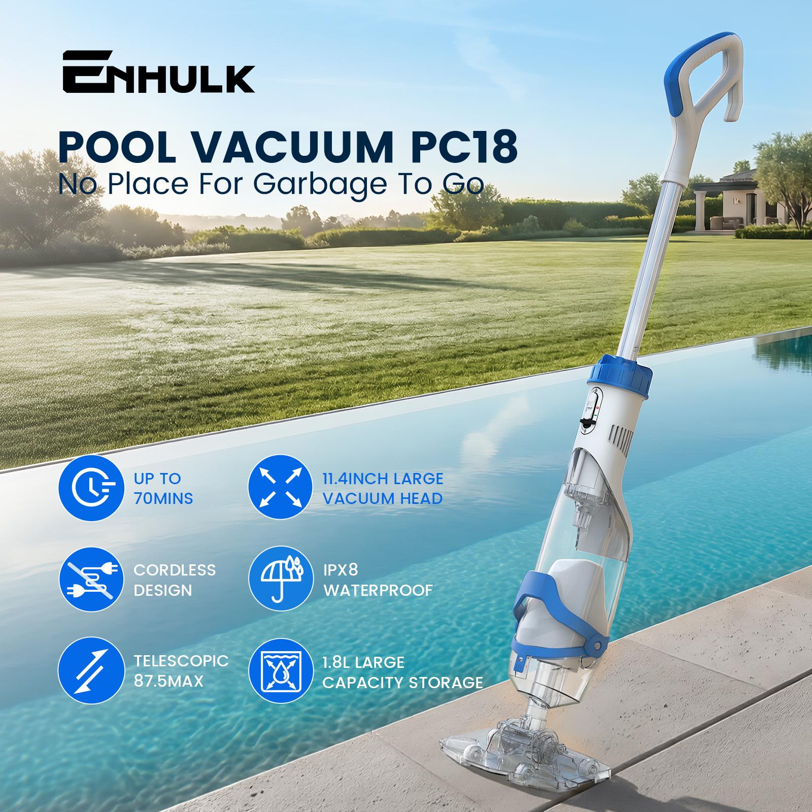 【Spring Cleaning】Enhulk Latest Upgrade PC22 Rechargeable Handheld Swimming Pool Vacuum Cleaner for Above Ground Pools, Telescopic Pole, 2 Suction Modes (H-Max Sand Mode), Ergonomic Handle, 18.5 Gals/Min Deep Cleaning, Filter Ball, Stairs/Corners Head, Han
