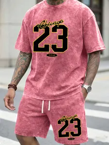 Wash-worn cotton men’s summer set with “Number 23” print, casual commuting two-piece: crew-neck short-sleeve T-shirt + shorts. Retro 2000s style; suitable for running, golf, fishing, basketball, camping, gym, swimming, and beach; an ideal gift for men.