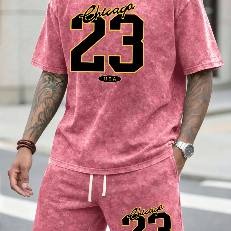 Men’s Vintage Acid-Wash Number 23 Graphic T-Shirt and Shorts Set, Short-Sleeve Crew Neck Tee with Drawstring Shorts, Casual Cotton Two-Piece Summer Outfit for Everyday Wear, Travel, Gym, Beach, Vacation, and Weekends