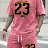 Men’s Vintage Acid-Wash Number 23 Graphic T-Shirt and Shorts Set, Short-Sleeve Crew Neck Tee with Drawstring Shorts, Casual Cotton Two-Piece Summer Outfit for Everyday Wear, Travel, Gym, Beach, Vacation, and Weekends