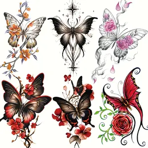 6 Piece Set Butterfly Flower Floral Temporary Tattoo Stickers, Waterproof Fake Tattoos, Easy Apply & Remove, Perfect for Parties & Events