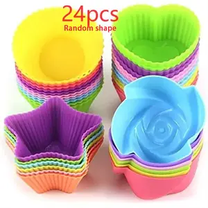 Random Color Multi-shape Silicone Muffin Cups, 24pcs Non-stick Reusable Muffin Cups, Round, Rose, Heart, Star Shaped Baking Moulds for Kitchen, Silicone Muffin Pan