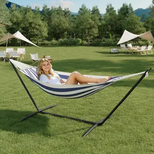 OUTGOODS Double Hammock with Collapsible Steel Stand – Adjustable Double-Layer, Thick Rope, Portable for Indoor & Outdoor, 450 lbs Capacity, Camping, Backyard, Porch, Beach, Carry Bag Included