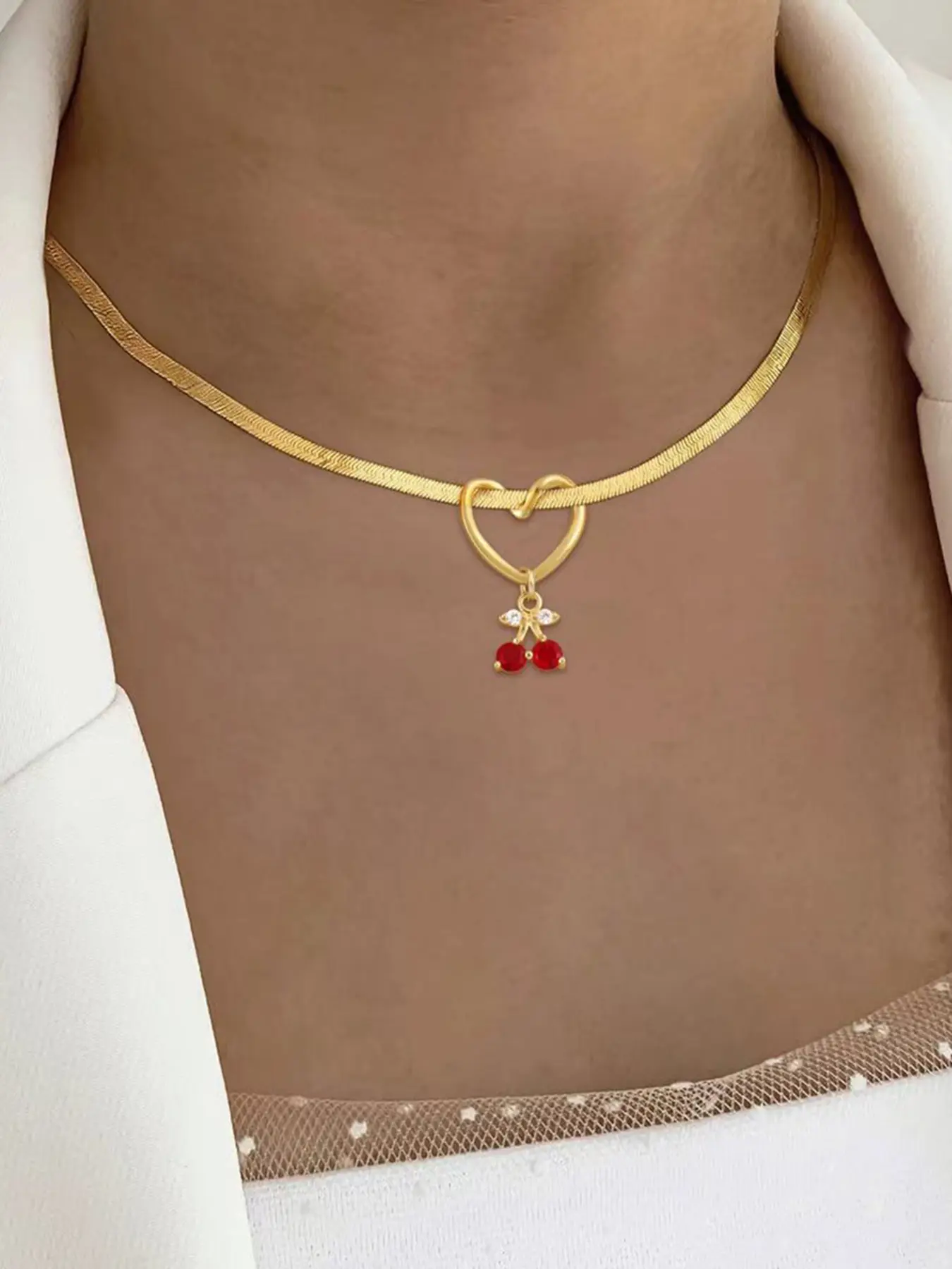 Women's Heart-Shaped Colorful Cherry Pendant Necklace, Classic Gold Stainless Steel Snake Chain, Casual All-Season Jewelry
