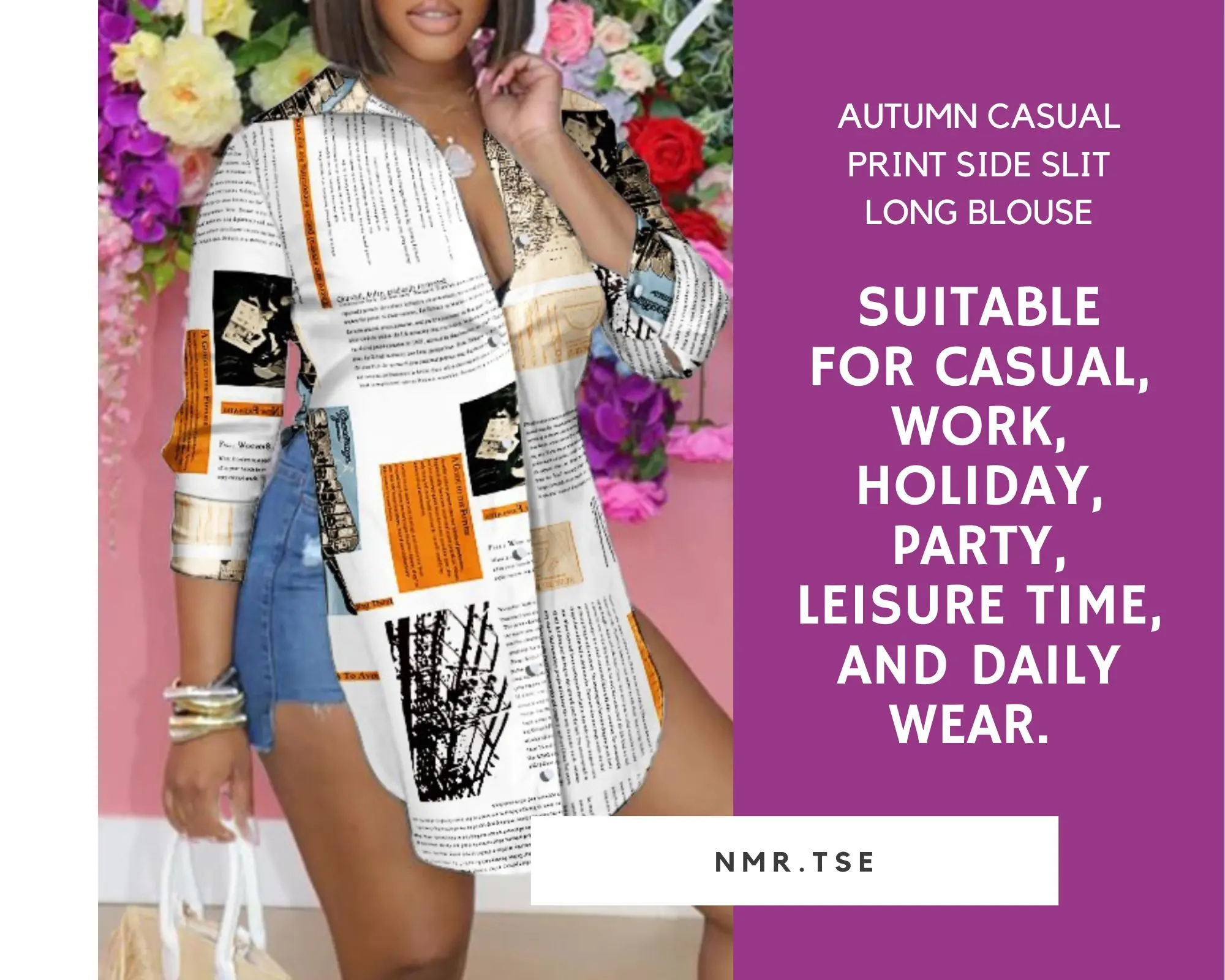 Classy Autumn Casual Print Side Slit Long Blouse